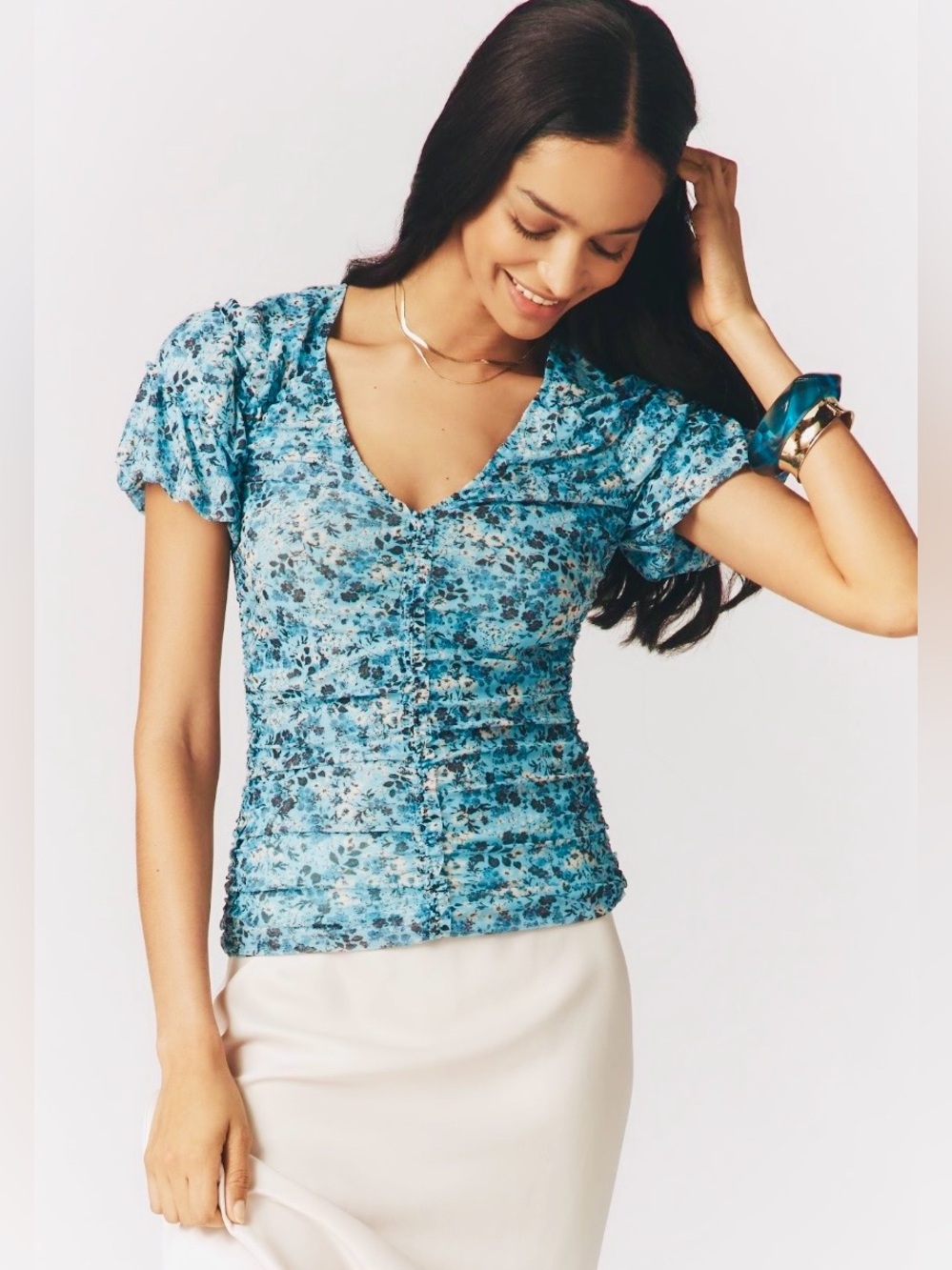 Anthropologie Ruched V-Neck Top Blue Floral